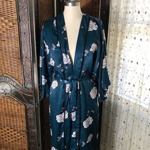 Teal Floral Satin Kimono Robe with Belt